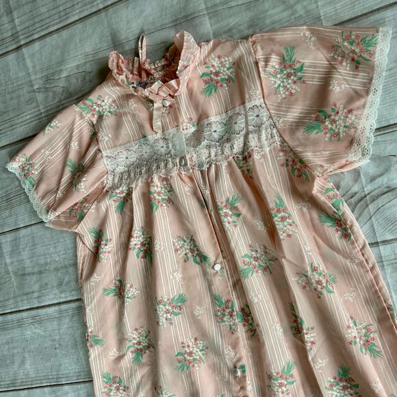 Vintage Ballet New York Pink Floral Nightgown Lace Yoke Short Sleeve Cottagecore - Picture 7 of 14